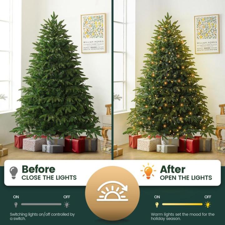 Nordmann Kunstkerstboom, pvc en PE, 210 cm, kunstdennenboom met houten standaard, verlichting led, vlamvertragend, automatische kerstboom, natuurgetrouwe kunstkerstboom