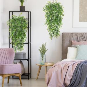 Set van 4 kunstmatige hangende planten nep groene klimop bladeren decoratie voor buiten en binnen, bamboe gebladerte hangende planten faux wijnstok groen woondecoratie voor woonkam