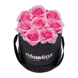 Rozenbox rond, 8 rozen, stevige bloemenbox, zwart, 10 jaar houdbaar, cadeau-idee, decoratieve bloemenbox, roze, 17 x 17 x 17 cm