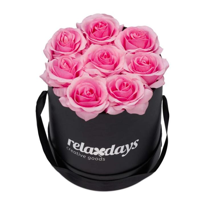 Rozenbox rond, 8 rozen, stevige bloemenbox, zwart, 10 jaar houdbaar, cadeau-idee, decoratieve bloemenbox, roze, 17 x 17 x 17 cm