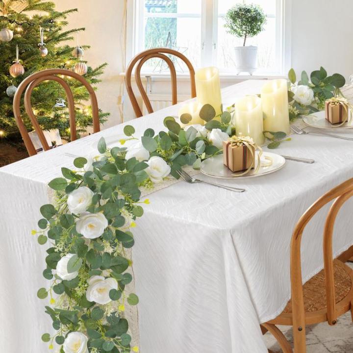 2 stuks bloemenkrans, witte zijden rozenslinger, hangende klimop, slinger, kunstmatige eucalyptusslinger, lentedecoratie, plant voor achtergrond, tafel, bruiloft, feest, decoratie