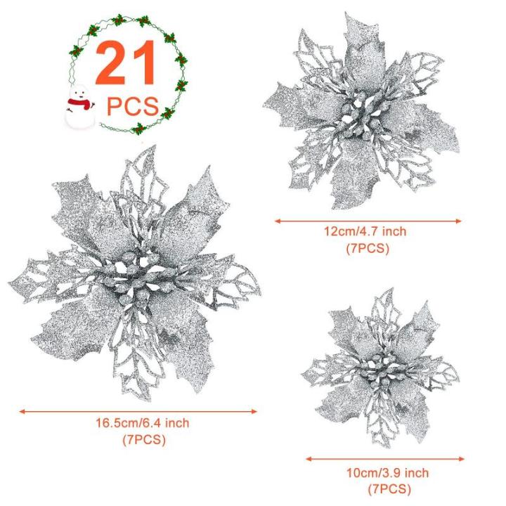21 stuks kerstbloemen kerstboomversiering bloem kunstbloem glitter kerstboomversiering zilver Kerstmis
