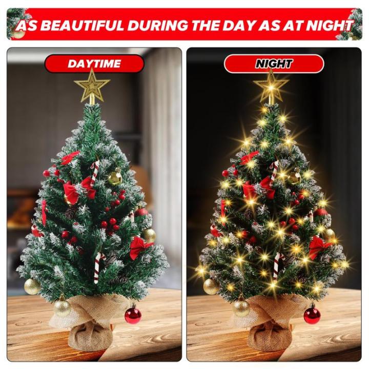 Mini kerstboom van 60 cm met 50 led-lichtslingers, doe-het-zelf kunstkerstboom met ster en rode strikken, dennenappels en rode bessen, decoratie voor Kerstmis, thuis, keuken, eetta