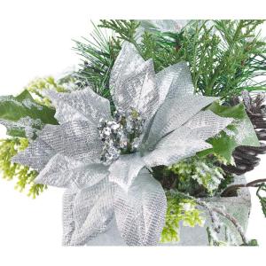 Kunstbloemen Kerstmis: kerststuk met bloemen, takken, kegels en kunstsneeuw, 22 cm (tafelversiering, kunstbloemstuk, kerstster)