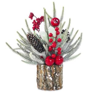 Kersttafeldecoratie in houten pot, 35 cm, kleine kunstdennentakken, kerstboom met bessen en dennenappels, mini-, dennenboom, kerstbloem, kerstdecoratie