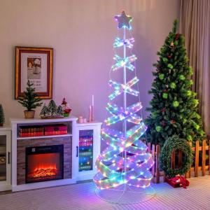 Led-spiraalvormige kerstboom, 210 cm verlichte dennenboom, 341 leds, 34 lichtmodi, inklapbaar, led-lichtboom, spiraalboom met ster, kerstboom van polyester metaal, kerstdecoratie v