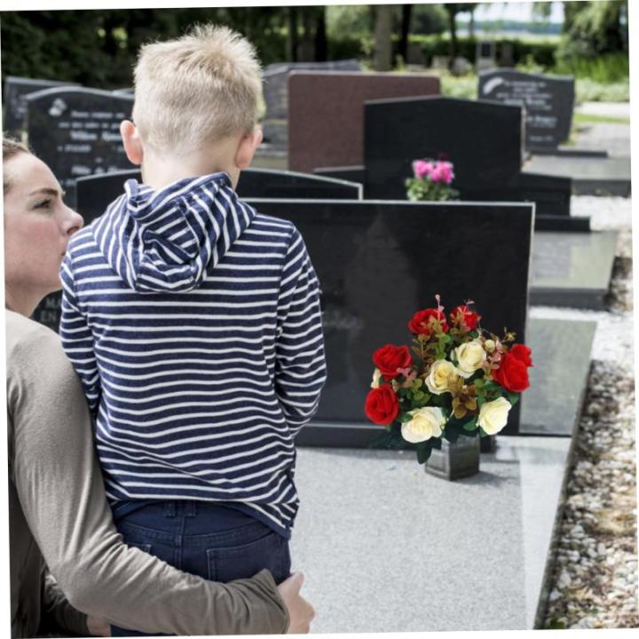4 bundels begraafplaatsbloemen voor graf, rode begraafhofbloemen voor graf, valse rozen kunstbloemen voor graven, 12 bloemkoppen, zijden gedenkbloemen voor grafvaas, kunstbloemen 1