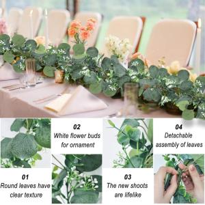 2 stuks eucalyptus slinger, kunstslinger, plant 1,8 m, hangende groene bladeren, decoratie met witte bloemen, zilveren dollar, eucalyptusranken, voor achtergrond, bruiloft, boog, g