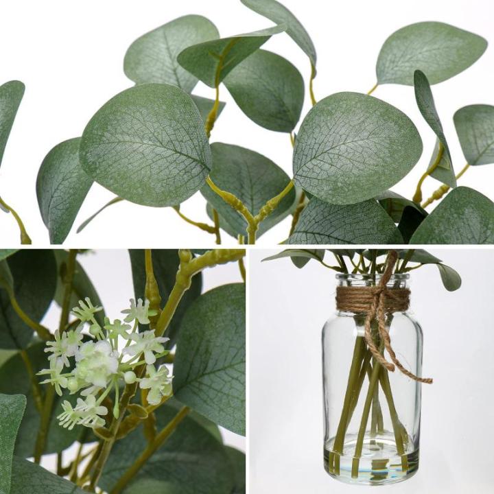 35 cm kunstmatige eucalyptus-takken met glazen vaas, eucalyptus-kunststof, plant, eucalyptus, , realistische eucalyptus, decoratie, zilverdollar voor bruiloft, tafeldecoratie kanto