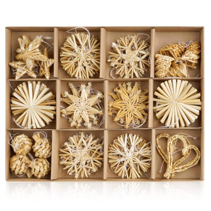 Strohsterne Christbaumschmuck 46-teiliges,Weihnachtsbaumschmuck Stroh mit Natürlichen Akzenten,Handgemacht Weihnachtsbaum Deko aus Stroh mit Schöner Box,Dekoration für Weihnacht