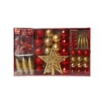 Kerstboomversiering - goud/rood - 60-delig - set incl. boompiek, ballen, parelketting, slinger en sterren - kunststof, 47,5 x 29,7 x 6,5 cm