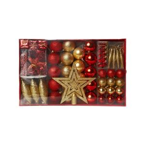 Kerstboomversiering - goud/rood - 60-delig - set incl. boompiek, ballen, parelketting, slinger en sterren - kunststof, 47,5 x 29,7 x 6,5 cm
