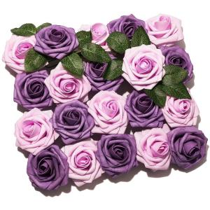 , 20 stuks kunstrozen met stengels, paarse nepbloemen, schuimbloemen, rozen, , bloemen voor decoratie, bruiloftsdecoratie, kamerdecoratie (paars)