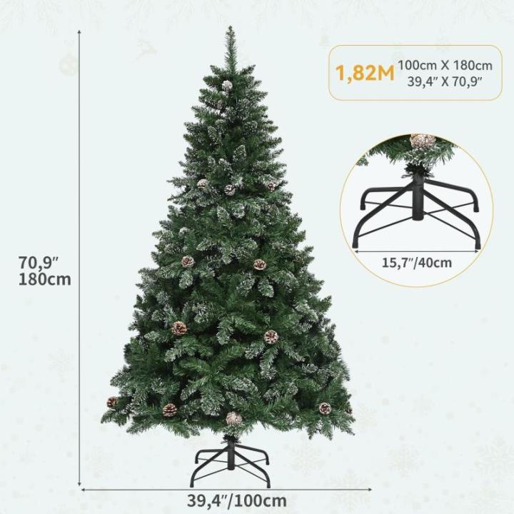 Kunstkerstboom met sneeuw en dennenappels, ca. 880 takken, natuurgetrouwe dennenboom met metalen standaard en klapsysteem, snelle montage voor thuiswinkels, 182 x 105 cm