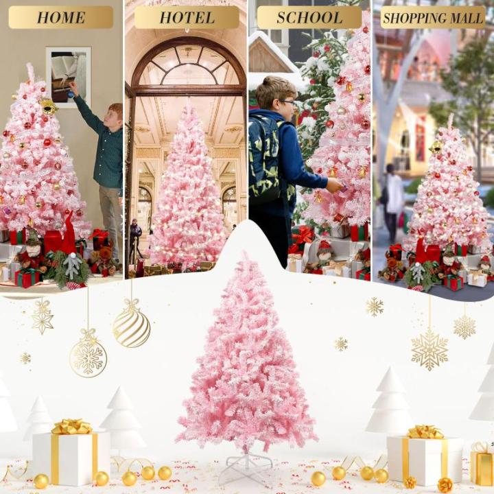 150 cm kerstboom bevlokt roze met volle vlokken decoratie met sneeuwvlokken, 600 takjes, dennenbladeren van pvc en stabiele basis, kerstboom voor kerstdecoraties