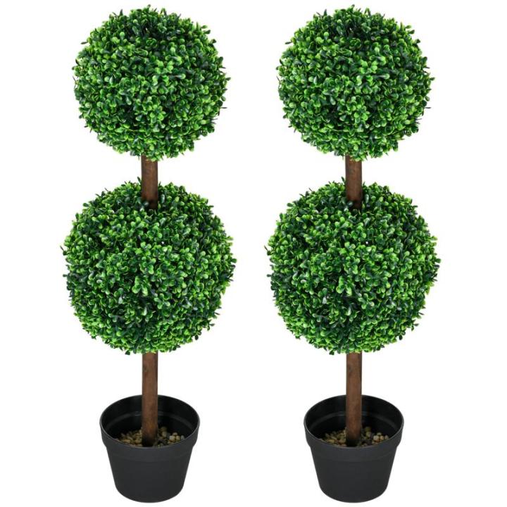 , set van 2 buxusboom, 90 cm kunstplant met dubbele bal, uv-bestendige kamerplant, kunstboom, plantendecoratie voor binnen en buiten, groen