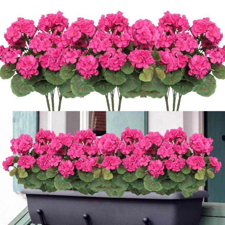 , 3 bundels voor buiten en binnen, namaak-geranium, zijden bloemen, decoratie, kunst-uv-bestendig, geraniumstruik voor hangende tuin, veranda, raam, box, decoratie, rozerood