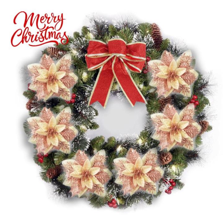 GL-Turelfies 12 stuks glitter kerstbloemen 15 cm met 12 clips kunstbloemen kerstboom kerstboom bloemen kerstdecoratie boom ornamenten (roségoud)