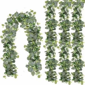 Kunstmatige eucalyptusbladeren slinger, 4 stuks, 150 m, groene wijnstokken, slinger met witte bloemen, hangende klimopslinger voor bruiloft, boog, achtergrond, thuis, tafel, binnen