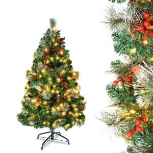 Kunstkerstboom met verlichting, 120 cm, 8 modi, dennenboom, groen, pvc, kerstboom voor kerstdecoratie, met dennenappels, dennennaald en dennennaald, klapsysteem, opvouwbare standaa