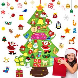 Vilten kerstboom voor kinderen, 3.3FT DIY muur opknoping kerstboom set, kinderen vilt kerstboom met 31 ornamenten en 5 m licht touw, ideaal voor thuis deur raam decoratie