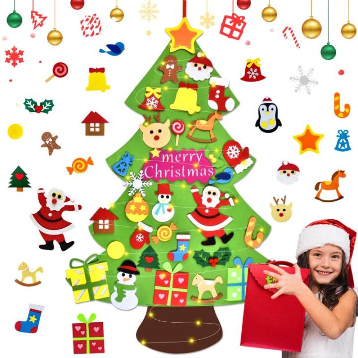 Vilten kerstboom voor kinderen, 3.3FT DIY muur opknoping kerstboom set, kinderen vilt kerstboom met 31 ornamenten en 5 m licht touw, ideaal voor thuis deur raam decoratie