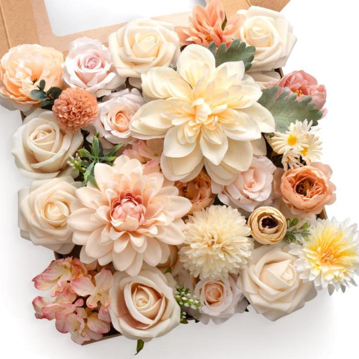 Verschiedene Kunstblumen aus Seide, Gemischte Falsch Blumen Rosen Pfingstrosen Dahlie mit Stiel für DIY Basteln Hochzeitssträuße Tafelaufsätze Kuchenblumen Arrangements Party H