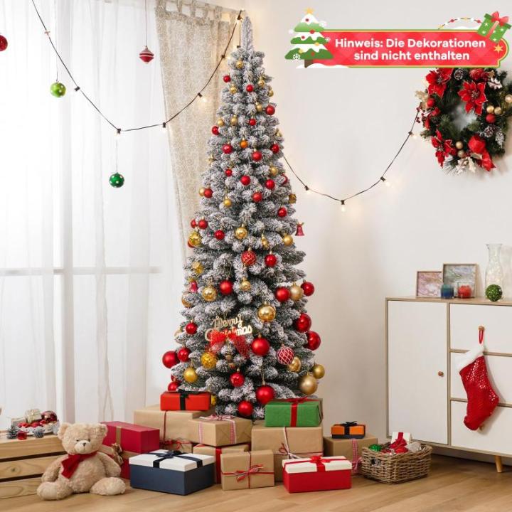 Kunstkerstboom, potlood, 180 cm, dennenboom met sneeuw, kerstboom met 460 takken en inklapbare metalen standaard, slanke kunstboom, Kerstmis voor thuis, op kantoor (groen)