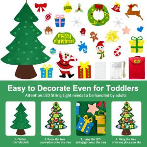 Vilten kerstboom voor kinderen, doe-het-zelf vilten kerstboomset, 3.2ft vilten kerstboom voor peuters met 25 stuks afneembare ornamenten en 5M LED-verlichting, wandhangende vilten 