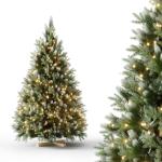 Kunstkerstboom met sneeuweffect, dennenappels, verlichting, 150 cm, automatische dennenboom, kunstkerstboom van pvc en PE, met houten standaard, Nordmann-spar, moeilijk ontvlambare
