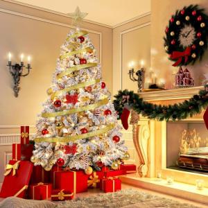 Niwa Kerstboom met verlichting, versierde flock-look, 2-in-1 kunstkerstboom met lichtketting, 400 warm wit licht en 1100 PE + pvc-takken, opvouwbare dennenboom (H210 cm)