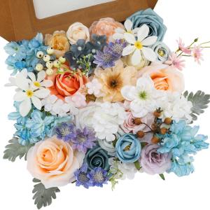 Künstliche Blumen Combo Fee Blau Blumen Mix Seidenblumen Gefälschte Rosen mit Stielen für DIY Hochzeit Brautsträuße Babyparty Blumenarrangement Tischaufsätze Heimdekorationen
