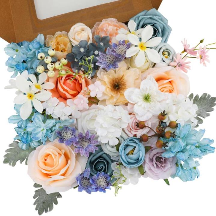Künstliche Blumen Combo Fee Blau Blumen Mix Seidenblumen Gefälschte Rosen mit Stielen für DIY Hochzeit Brautsträuße Babyparty Blumenarrangement Tischaufsätze Heimdekorationen