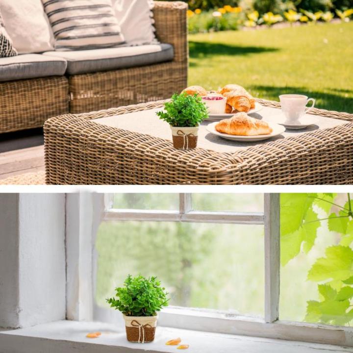 Künstliche Blüten in Töpfen 2pcs kleine realistische künstliche Eukalyptusblatt rustikaler Kunststoffpflanzen mit Weaven -Topf gefälschte Bonsai -Pflanzen Hochzeitstisch Dekor
