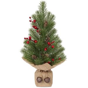 Mini Tafelkerstboom in jute basis 40,6 cm kunstmatige dennentakken en rode bessen, voor kerstdecoratie wooncultuur keuken eettafel
