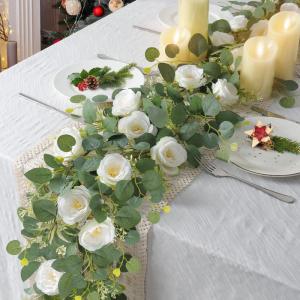 2 stuks bloemenkrans, witte zijden rozenslinger, hangende klimop, slinger, kunstmatige eucalyptusslinger, lentedecoratie, plant voor achtergrond, tafel, bruiloft, feest, decoratie