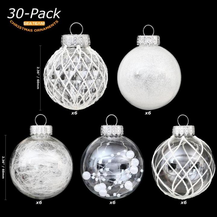 Onbreekbare doorzichtige plastic van 60 mm met glitterschilderij, transparant, doorzichtige kristallen , kerstboomdecoraties (30 stuks, wit)