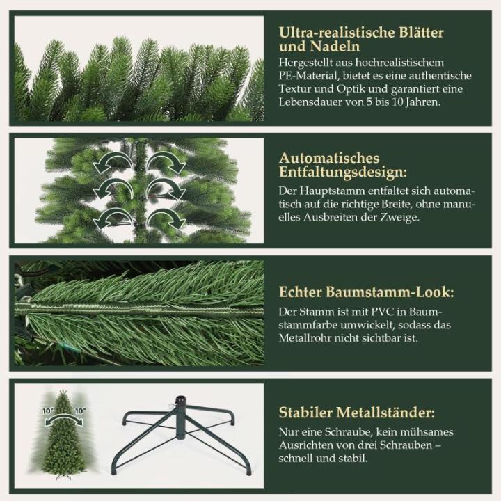 100% PE kunstkerstboom 180 cm, kunstkerstboom met 762 PE-takken, edele Nordmann-spar inclusief handschoenen en metalen standaard