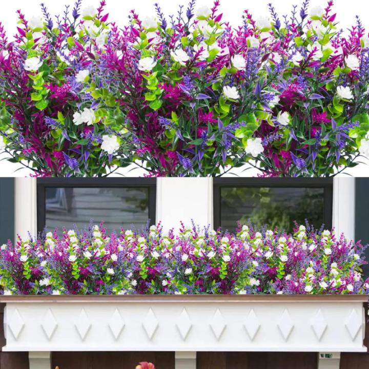 6Pcs Outdoor UV Bestand Planten Plastic Faux Bloemen Planten Indoor Outdoor Groen Struiken Voor Opknoping Planter Tuin Venster Doos Thuis Bruiloft Decor