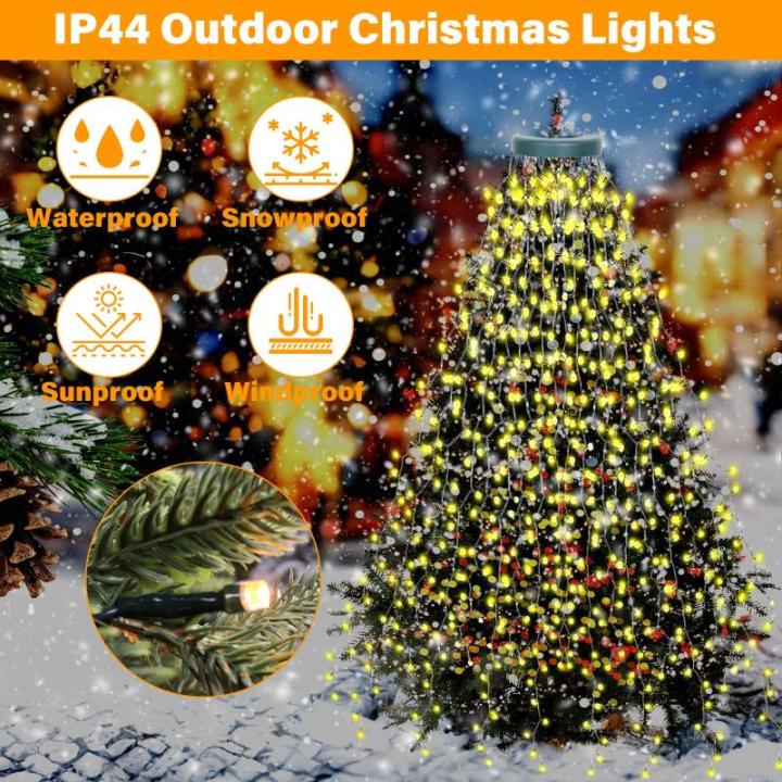 Lichtsnoer voor kerstboom, 16 strengen, 2 m, 400 leds, kerstboomverlichting met ring, lichtketting, IP44 waterdicht, timer, 8 modi, kerstboomverlichting voor kerstdecoratie buiten 