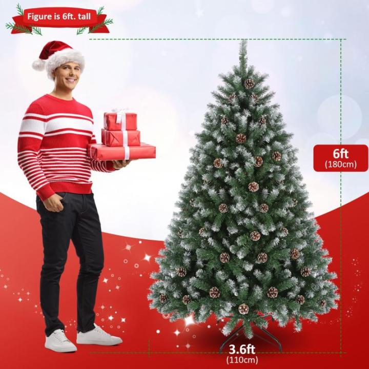 Kunstkerstboom met 250 leds, met sneeuw, 180 cm (diameter circa 110 cm), 1000 tips, versierde kerstboom met dennenappels, snelmontage-systeem, vlamvertragend, inklapbare standaard,
