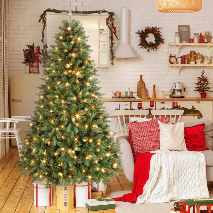 Kunstkerstboom met verlichting, 180 cm, met 330 warmwitte en meerkleurige ledlampen, 8 lichtmodi, 1018 PE en pvc-takpunten, opvouwbare metalen standaard