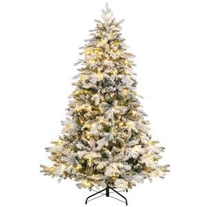 Kunstkerstboom met verlichting, 180 cm, 260 warmwitte leds, dennenboom met sneeuw en metalen standaard, sneeuwbedekt, wit