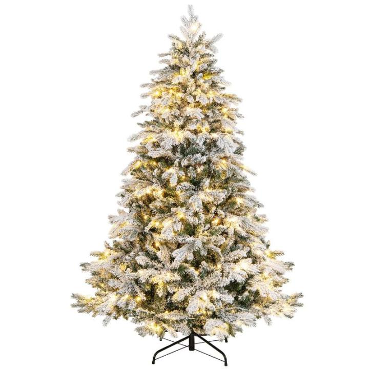 Kunstkerstboom met verlichting, 180 cm, 260 warmwitte leds, dennenboom met sneeuw en metalen standaard, sneeuwbedekt, wit