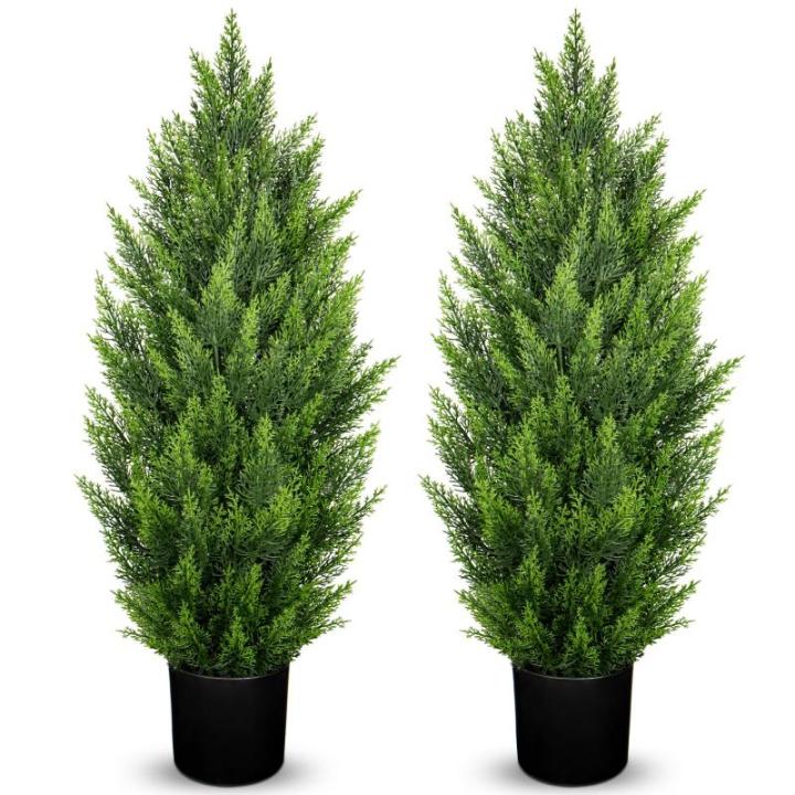 Künstliche Zedern, 91 cm, 2 Stück, künstlicher Formschnitt, UV-beständig, künstliche Sträucher, Zypressen, 14 cm breit, robuste Töpfe für Zuhause, Innen- und Außenbereich,