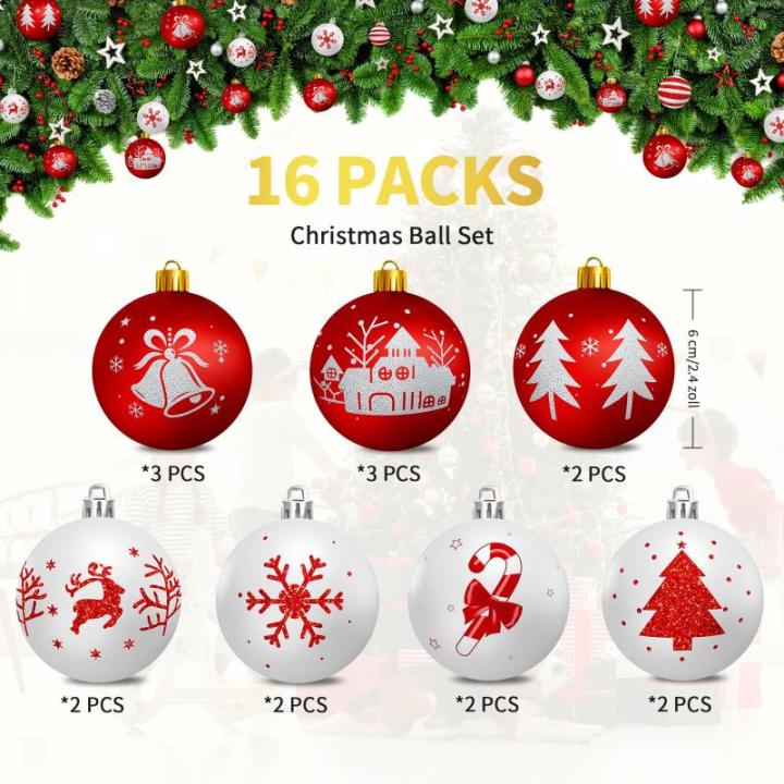 , kunststof kerstboomversiering, 16 stuks, kerstboomversiering, decoratie, Kerstmis, rood-wit, kerstdecoratie, kerstboomballen met sleutelkoord