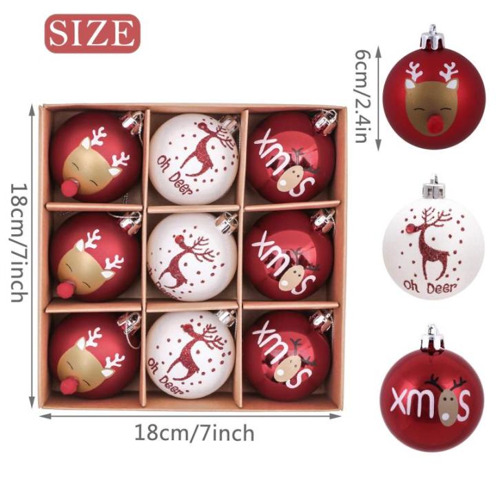 9 stuks 6cm , kerstboomballen, traditioneel rood en wit elandentekenthema, kerstboomversiering, uitgerust met touw kraftpapier inwikkeling