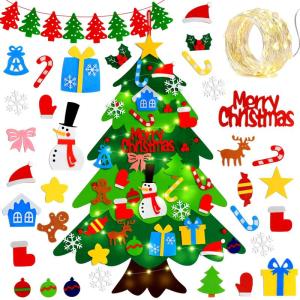Vilten kerstboom, doe-het-zelf kerstboomdecoratie, 32 stuks, afneembare hangende ornamenten, kerstboomdecoratie voor kinderen, met 3 m ledverlichting, vilten stof, voor kerstspel, 