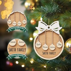 Gepersonaliseerde kersthangers met 4 namen - 2023 houten kerstboomversiering gepersonaliseerde familie, partner huisdier en vrienden