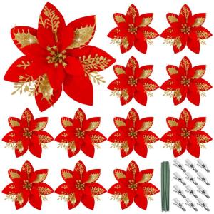 12 stuks glitter kerstster bloemen kerstbloemen met 12 stuks kunststof wortelstokken 12 stuks clips kunstglitter kerstboom bloemen voor kerstboom Nieuwjaar decoraties